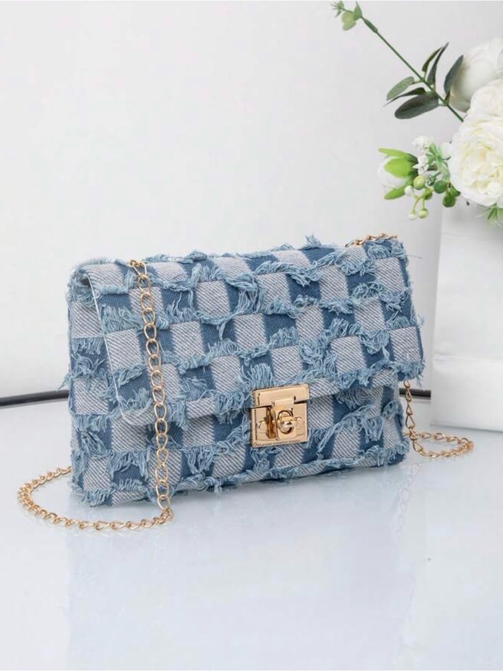 Frayed Light Blue Woven Denim Crossbody Bag with Gold Chain - Picture 2 of 6